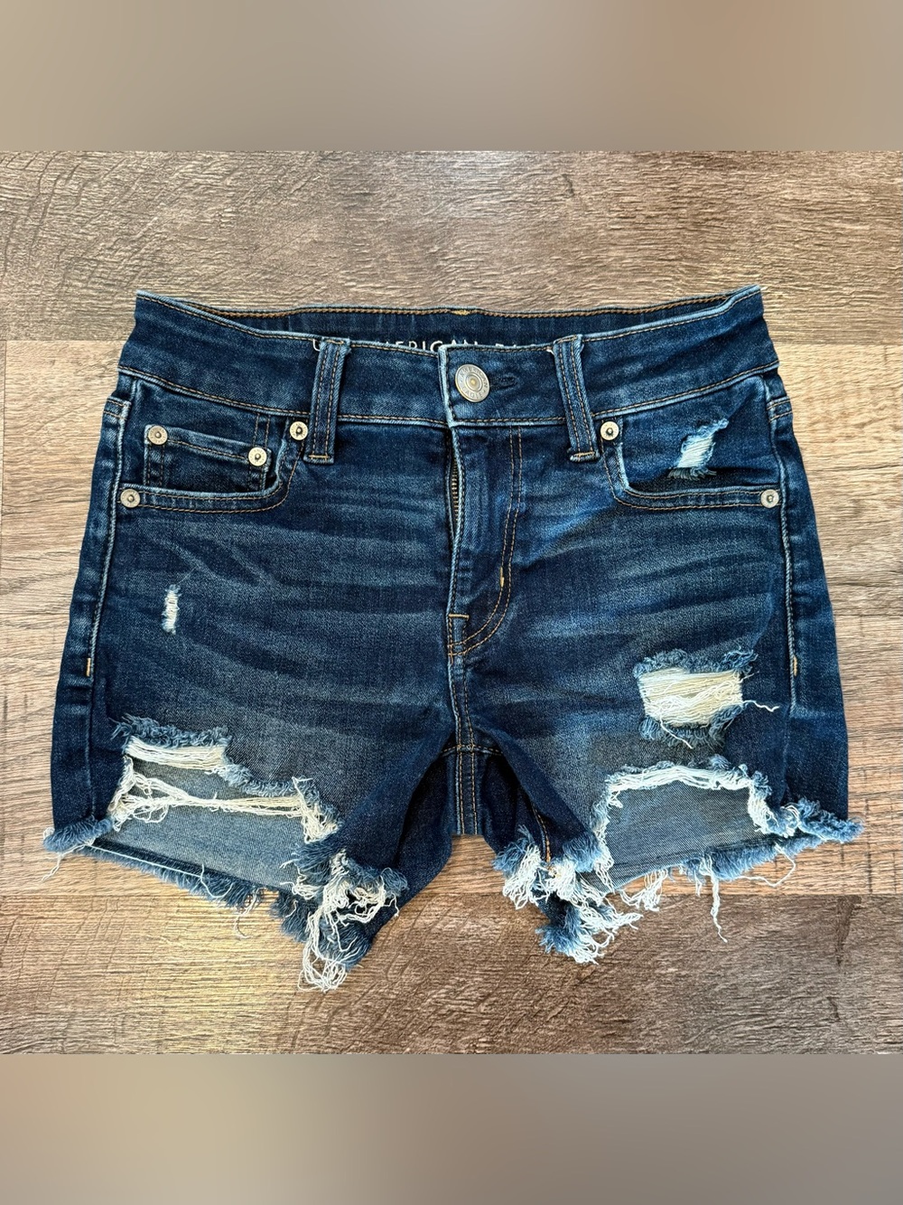 American Eagle Women's Distressed Denim Shorts Dark Wash High Waist Stretch 2